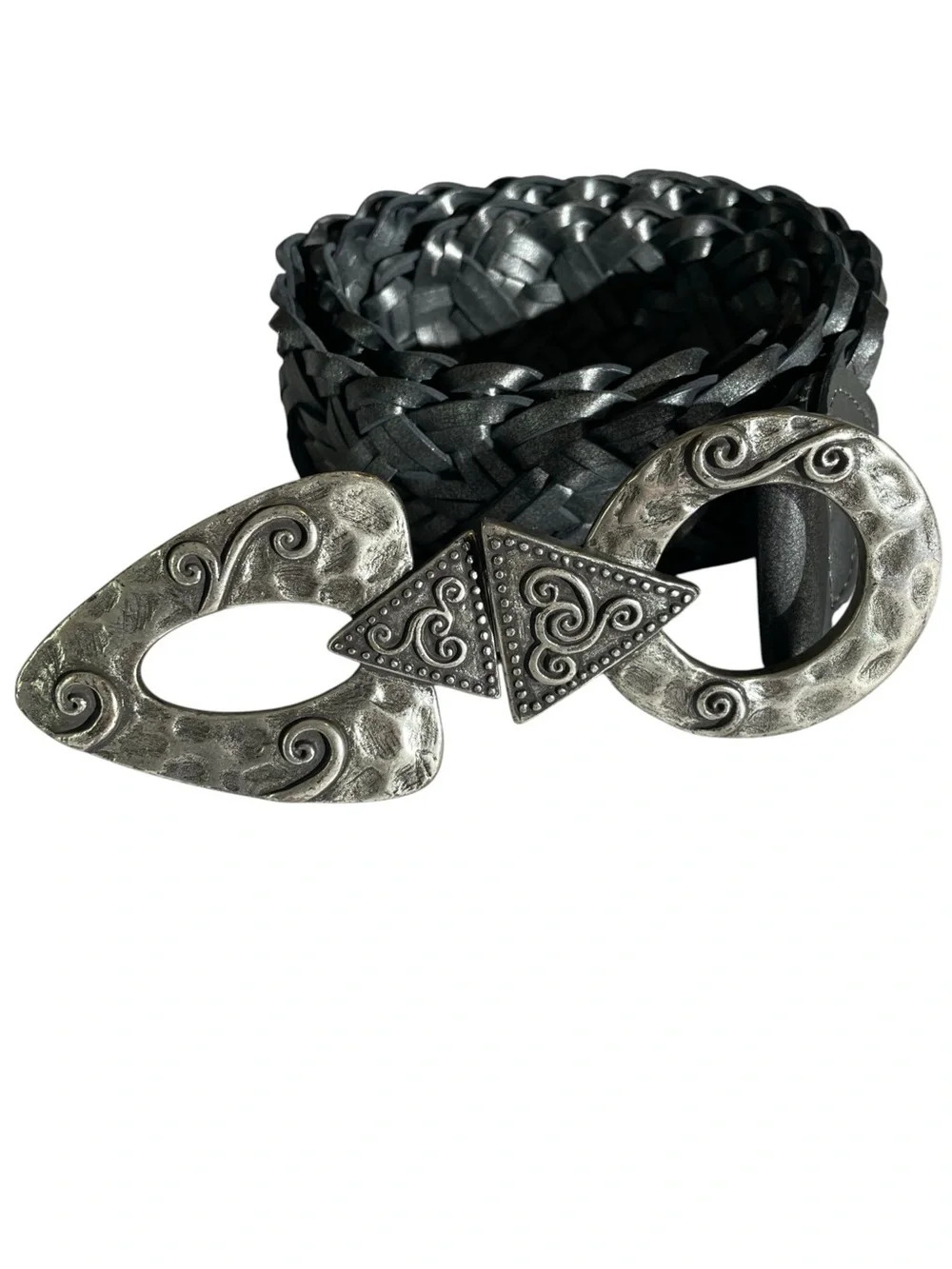 Chico’s Wide Braided Belt Large Silver Buckle Embellished Leather Gunmetal Metal